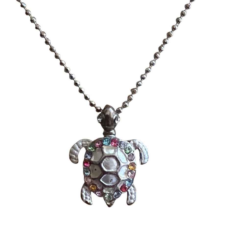 Silver Tone Multi Color Rhinestone Sea Turtle Pendant Ball Chain Necklace